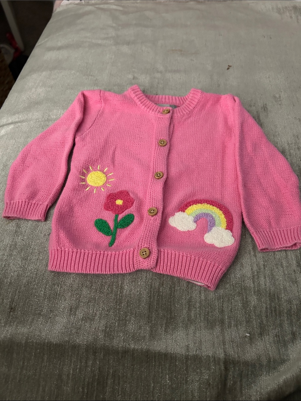 Primark Pink Knit Cardigan with Rainbow, Sun & Flower Embroidered Motifs